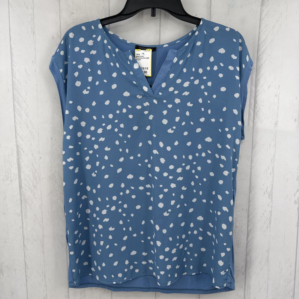 M animal print split neck cap slv top