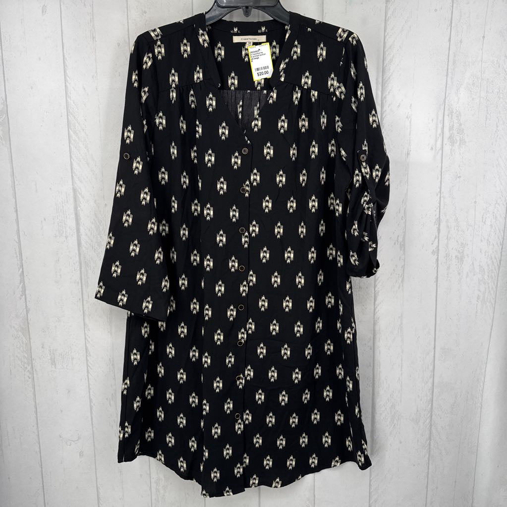 M printed button down 3/4 slv dress