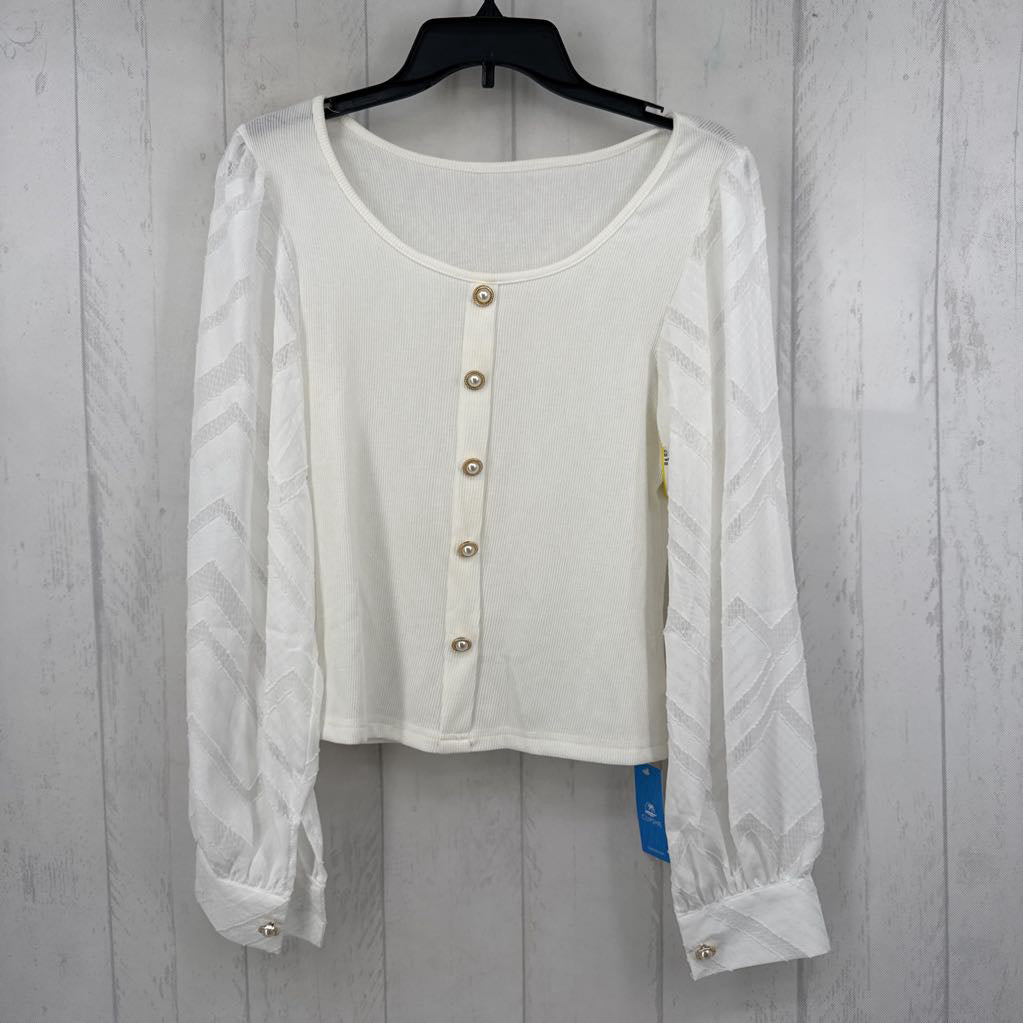M mixed media pear button l/s top