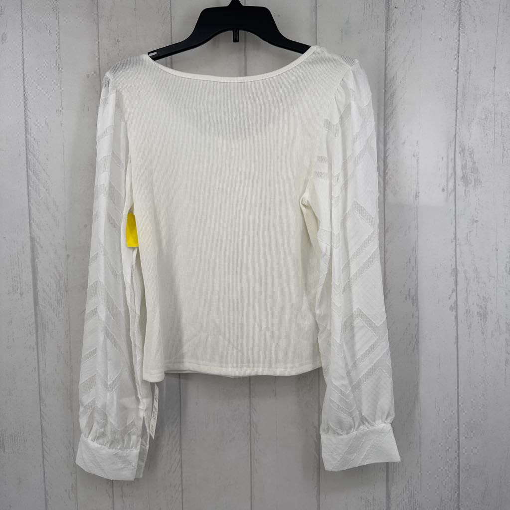 M mixed media pear button l/s top