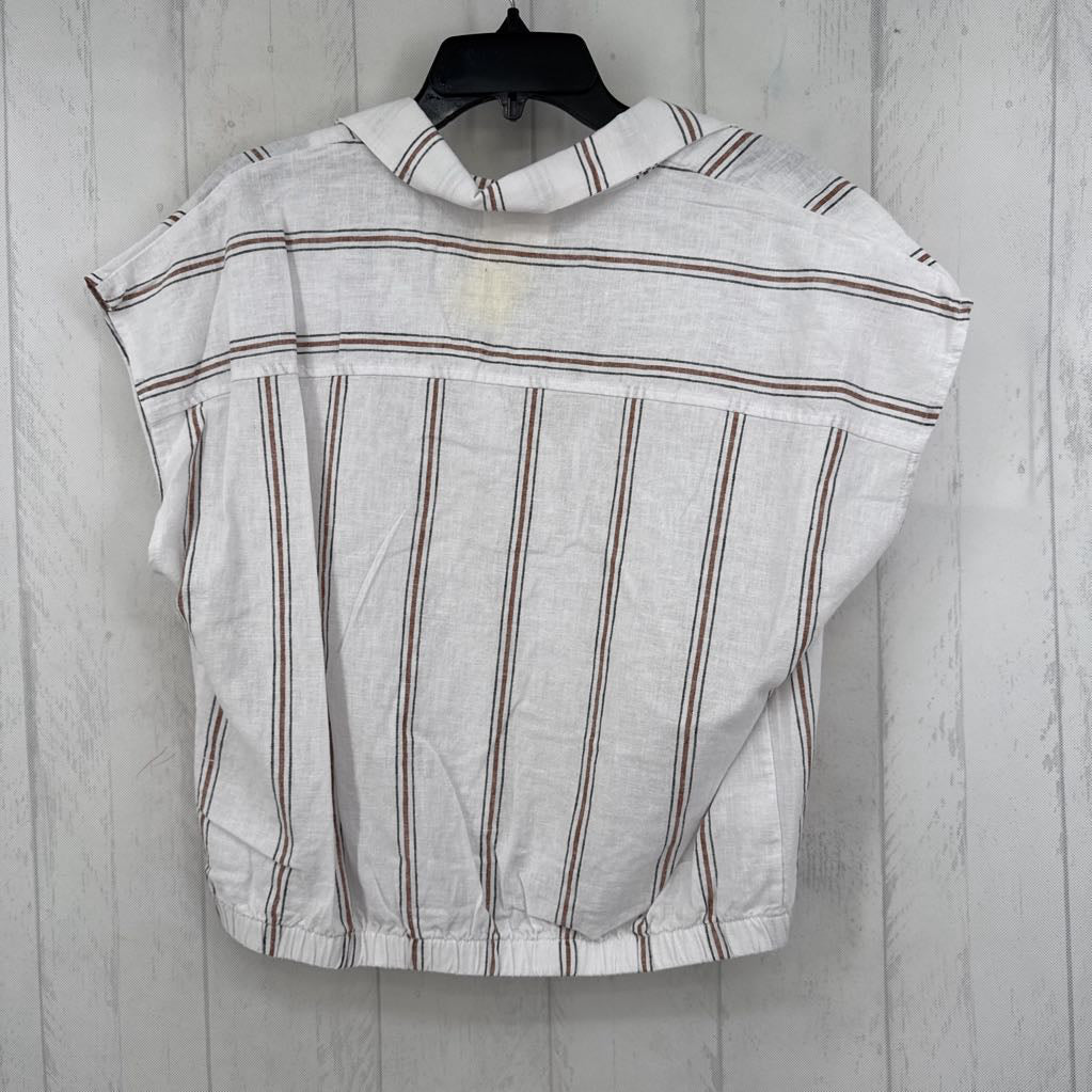 M striped split neck cap slv top