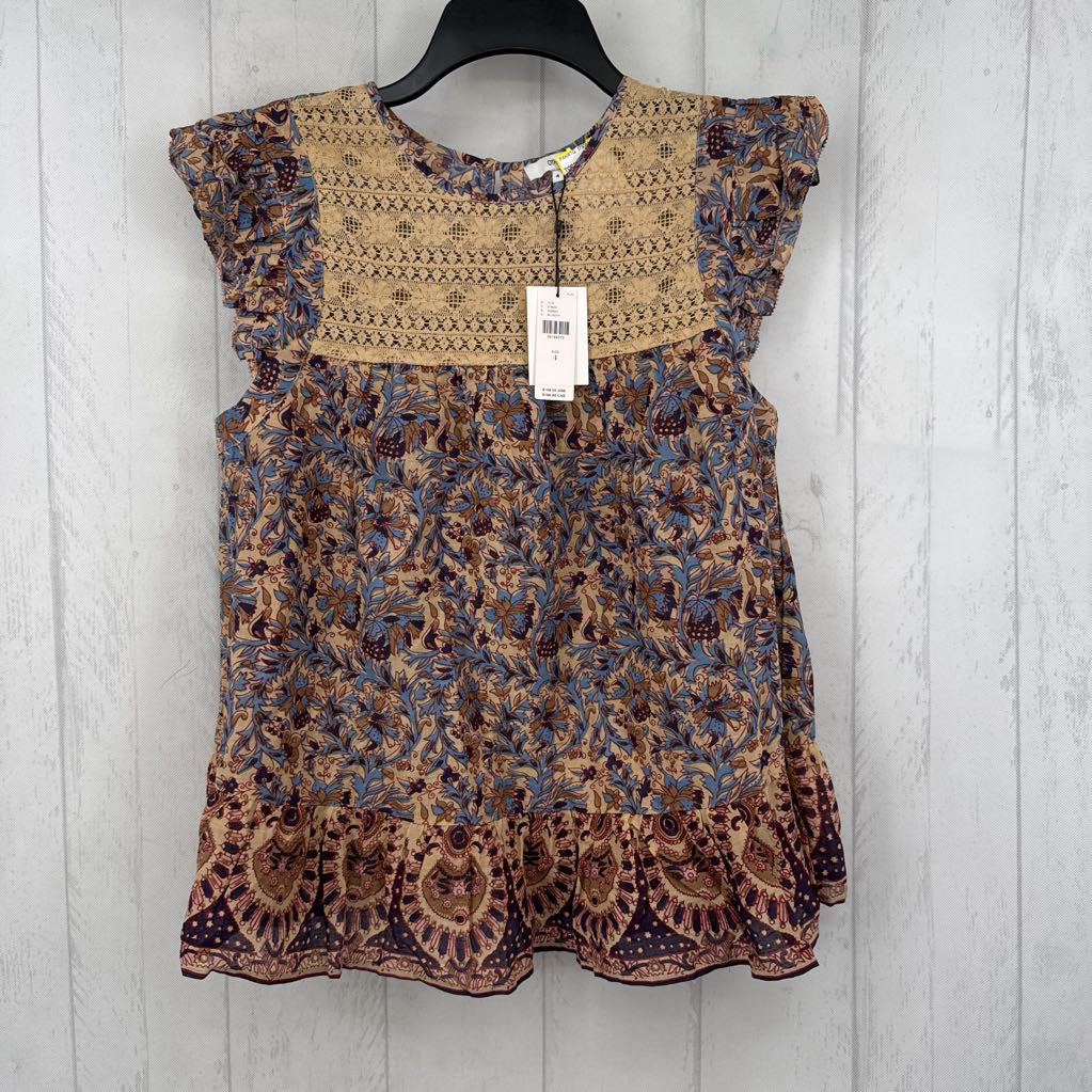 R168 4 flo print lace accent flutter slv top