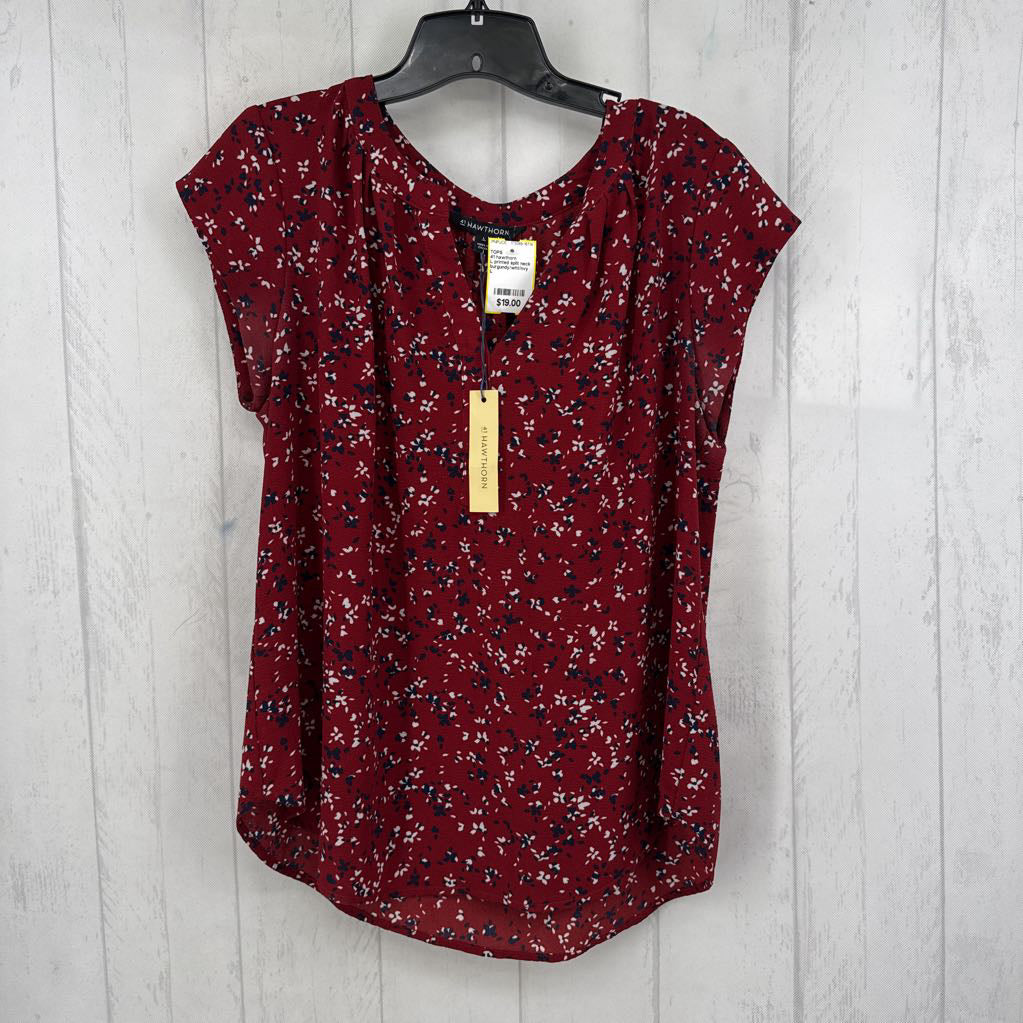 L printed split neck cap slv top