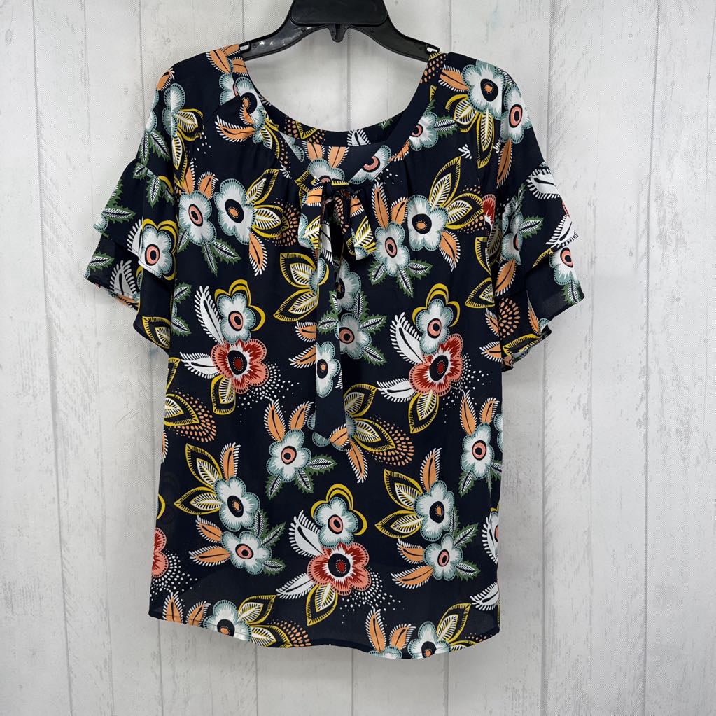 S flo print bow front flutter slv top