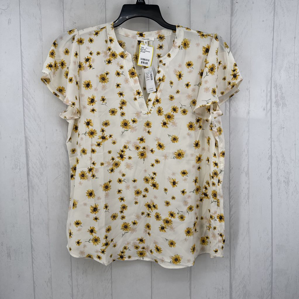 R30 L sunflower print split neck s/s top