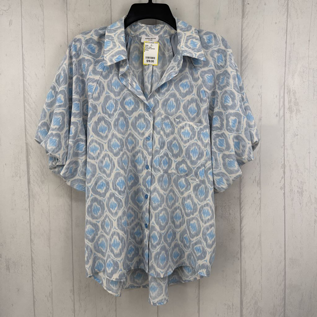 S printed button down elbow slv top