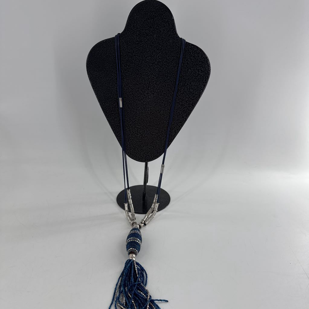 24" blue beaded tassel necklace