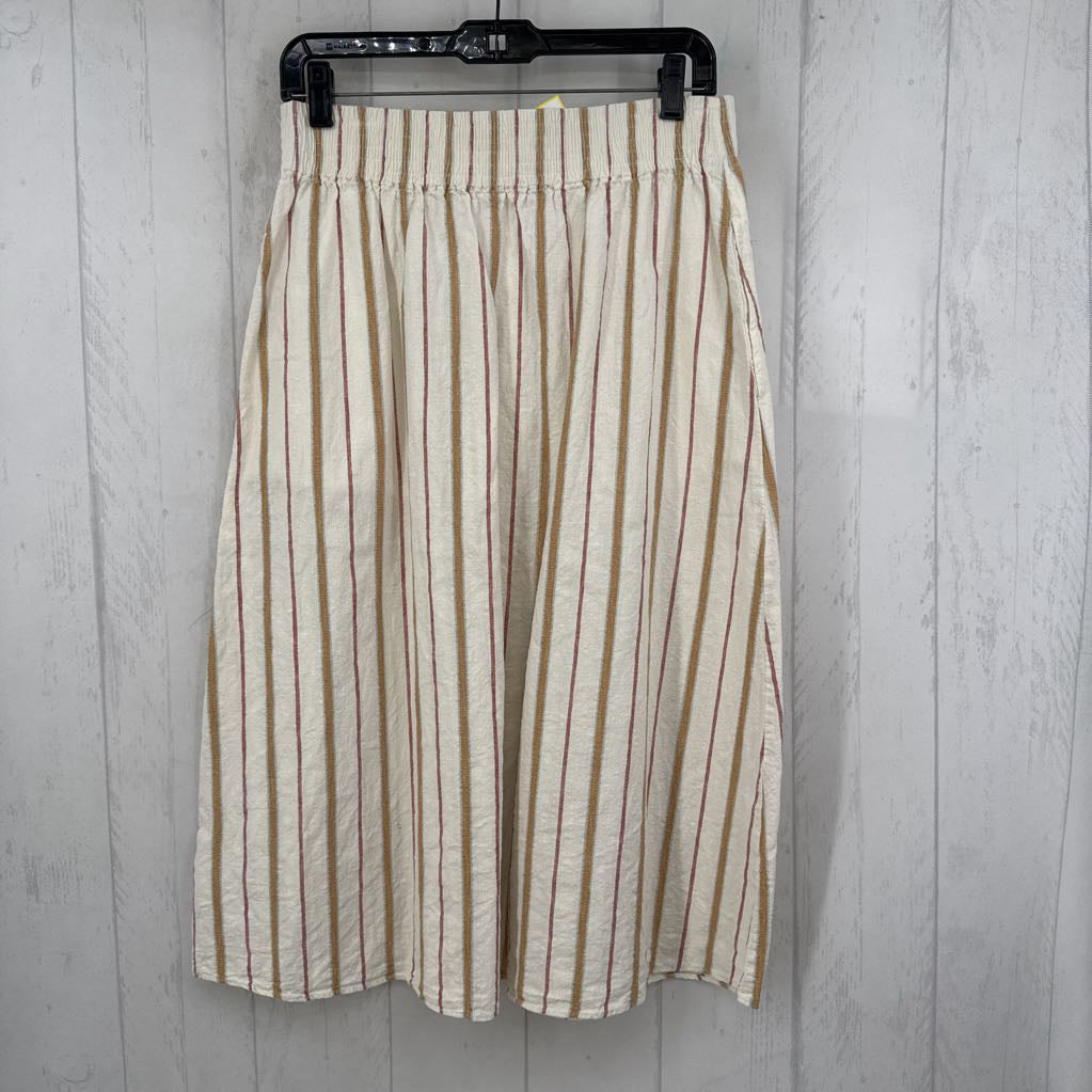 M button front striped pull-on skirt