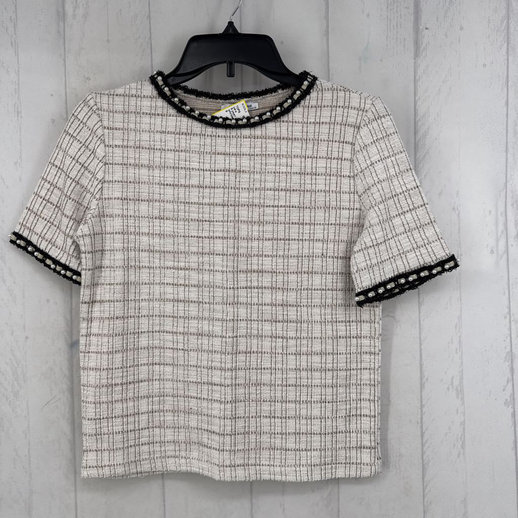S pearl embelished tweed s/s top