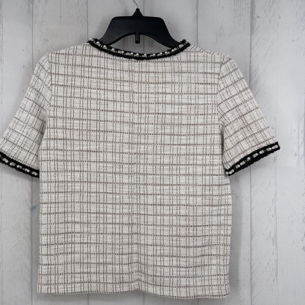S pearl embelished tweed s/s top