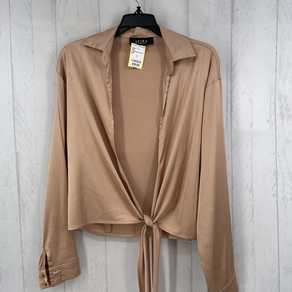 L satin tie front l/s top