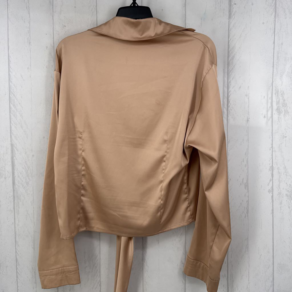 L satin tie front l/s top