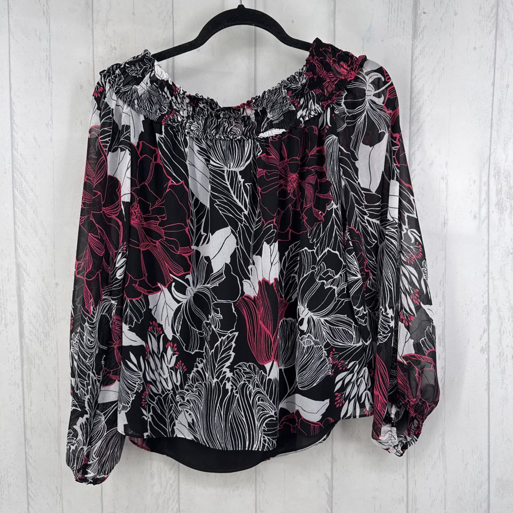 M flo print off the shoulder 3/4 slv top