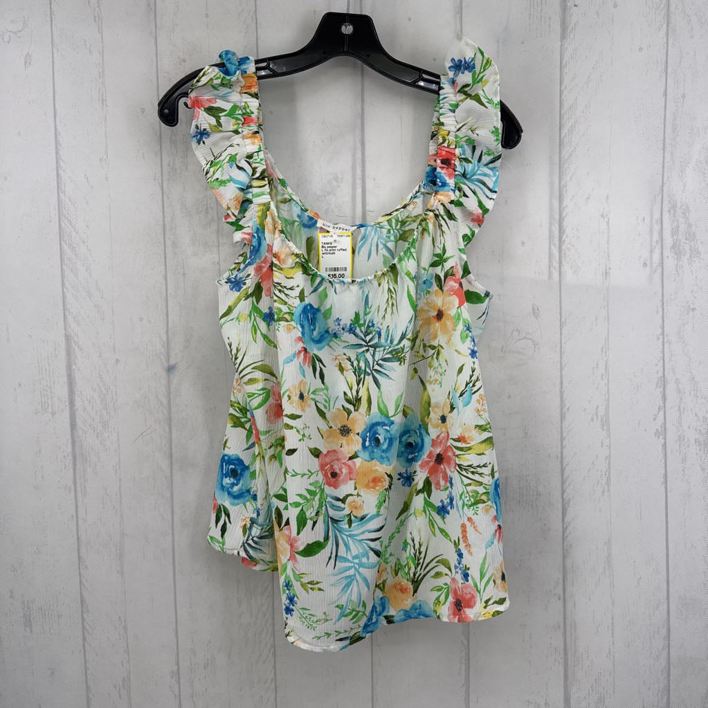 L flo print ruffled slv tank
