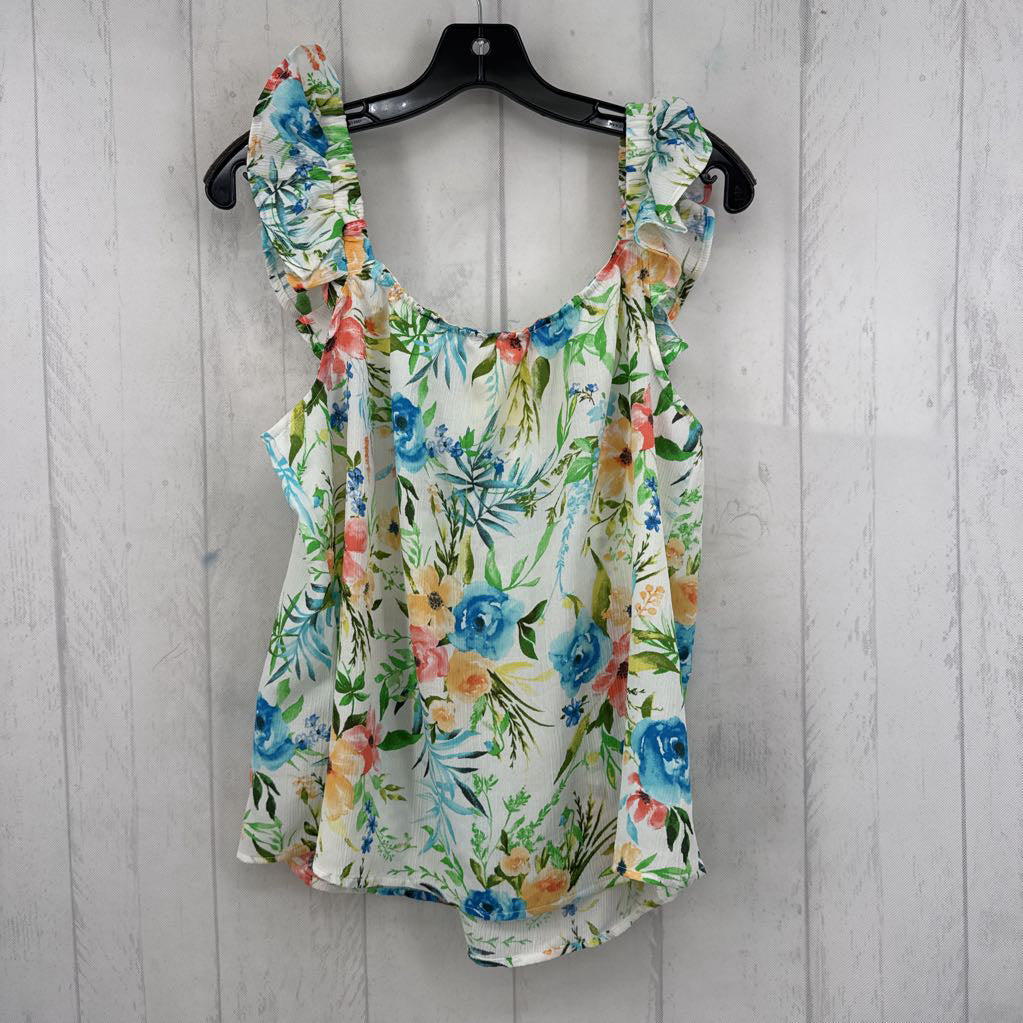 L flo print ruffled slv tank