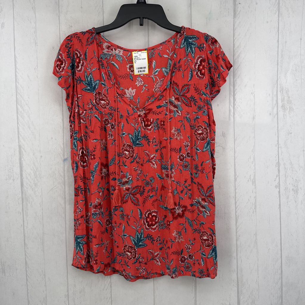XL flo print tassel tie s/s top