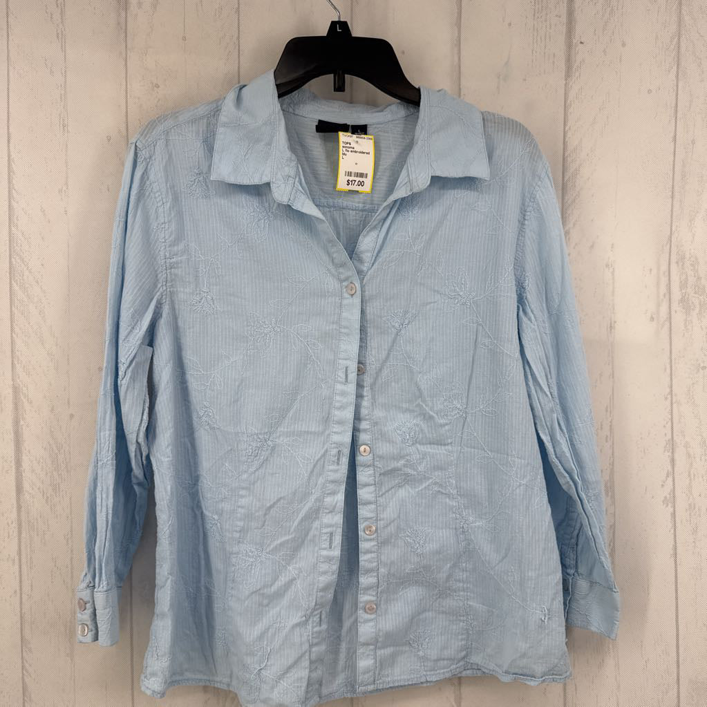 L flo embroidered button down 3/4 slv top