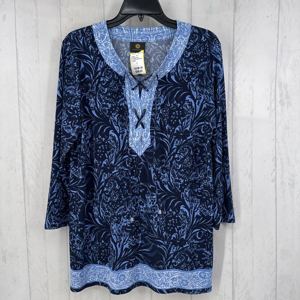 L flo print lace-up front 3/4 slv top