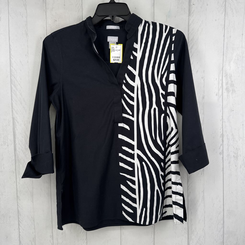 S zebra print split neck 3/4 slv top