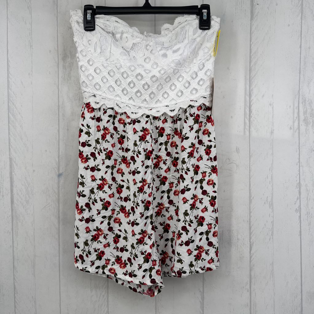 L lace & flo print strapless romper