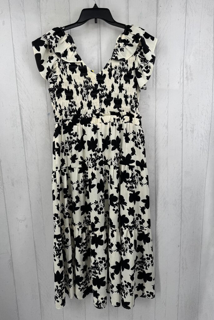 L smocked flo print flutter slv dress