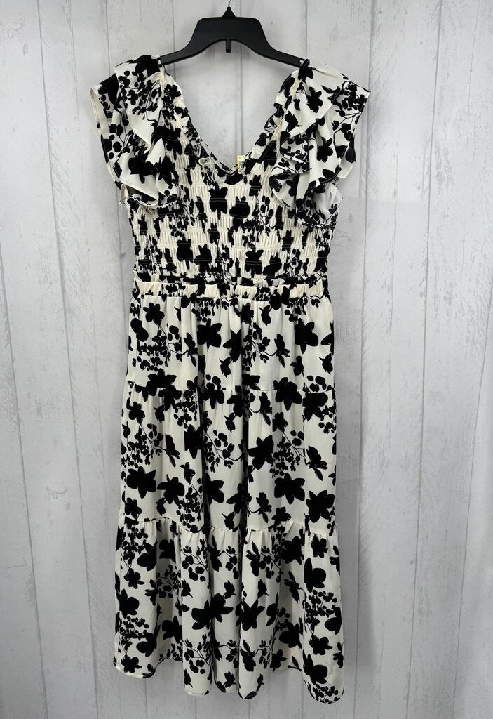 L smocked flo print flutter slv dress