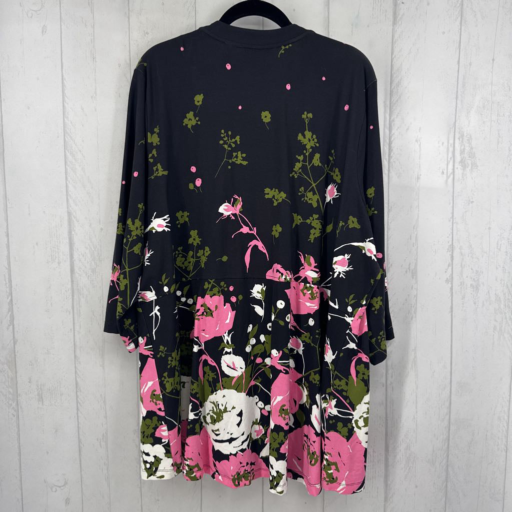 3X flo print open front 3/4 slv cardi