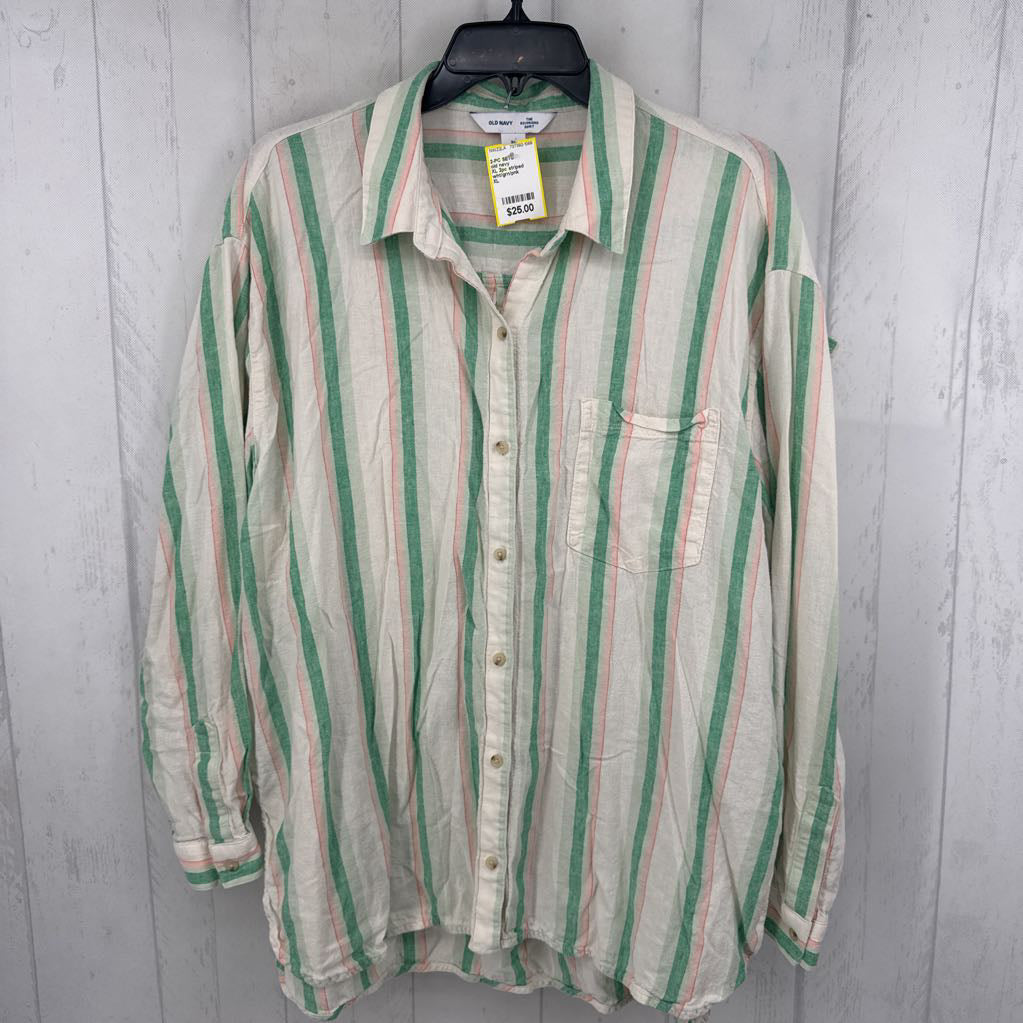 XL 2pc striped button down l/s top & shorts set