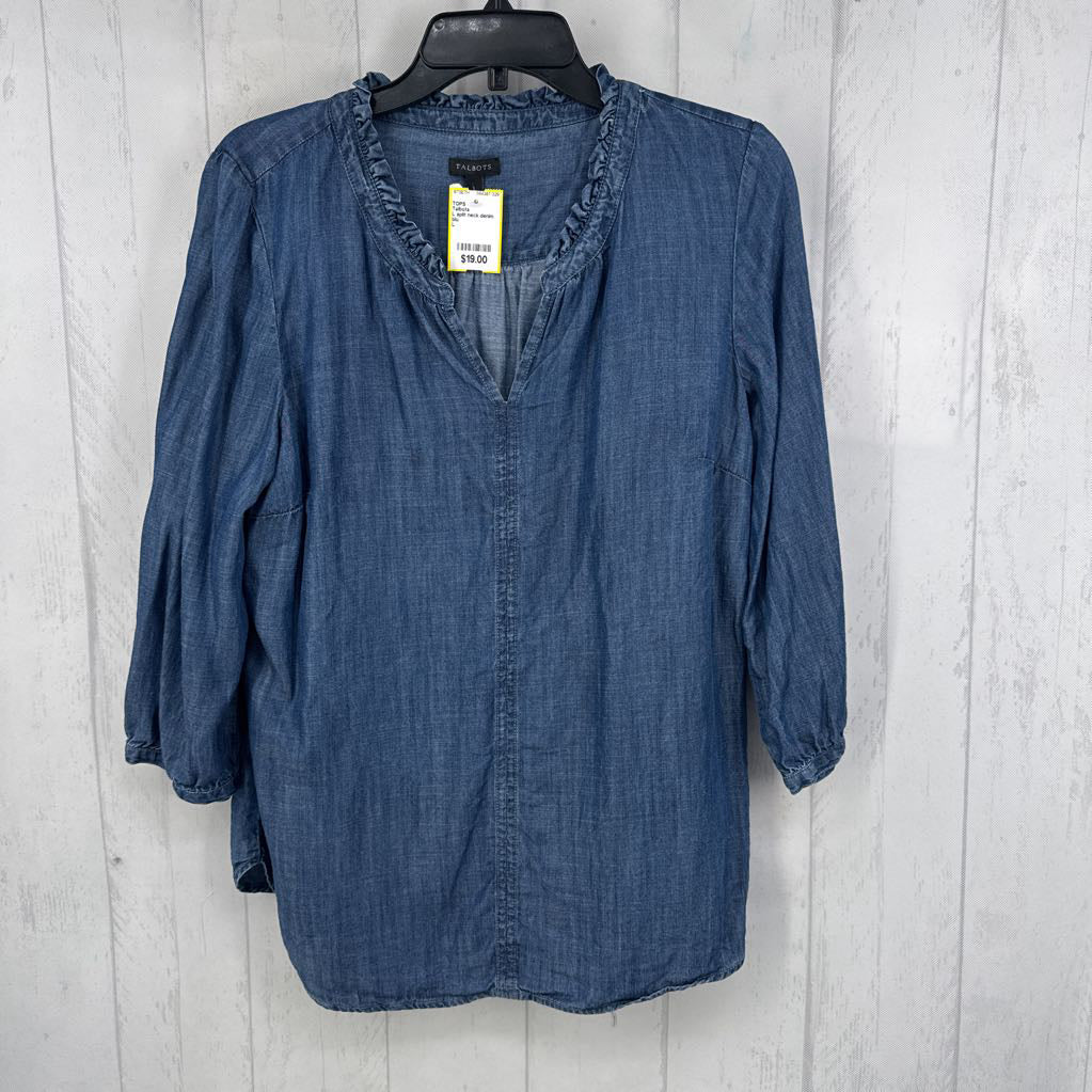L split neck denim 3/4 slv top