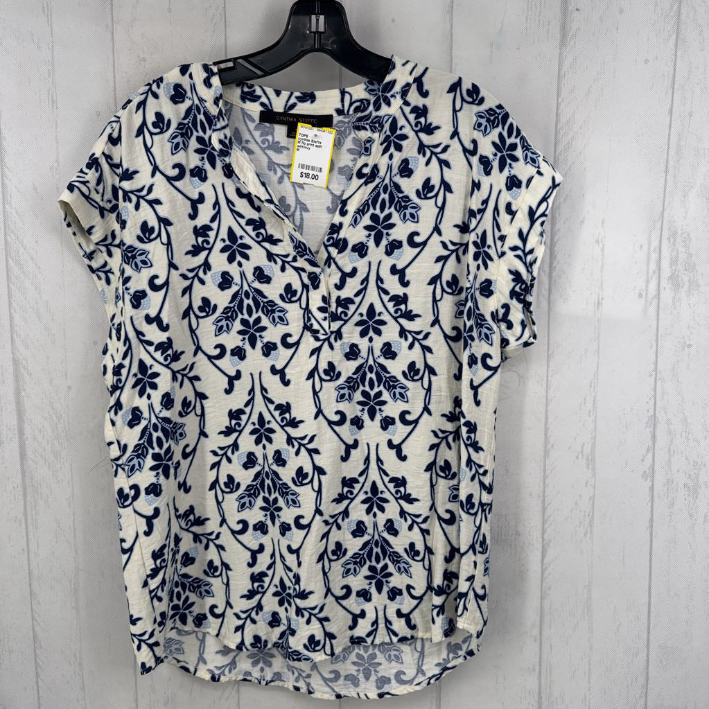 M flo print split neck cap slv top