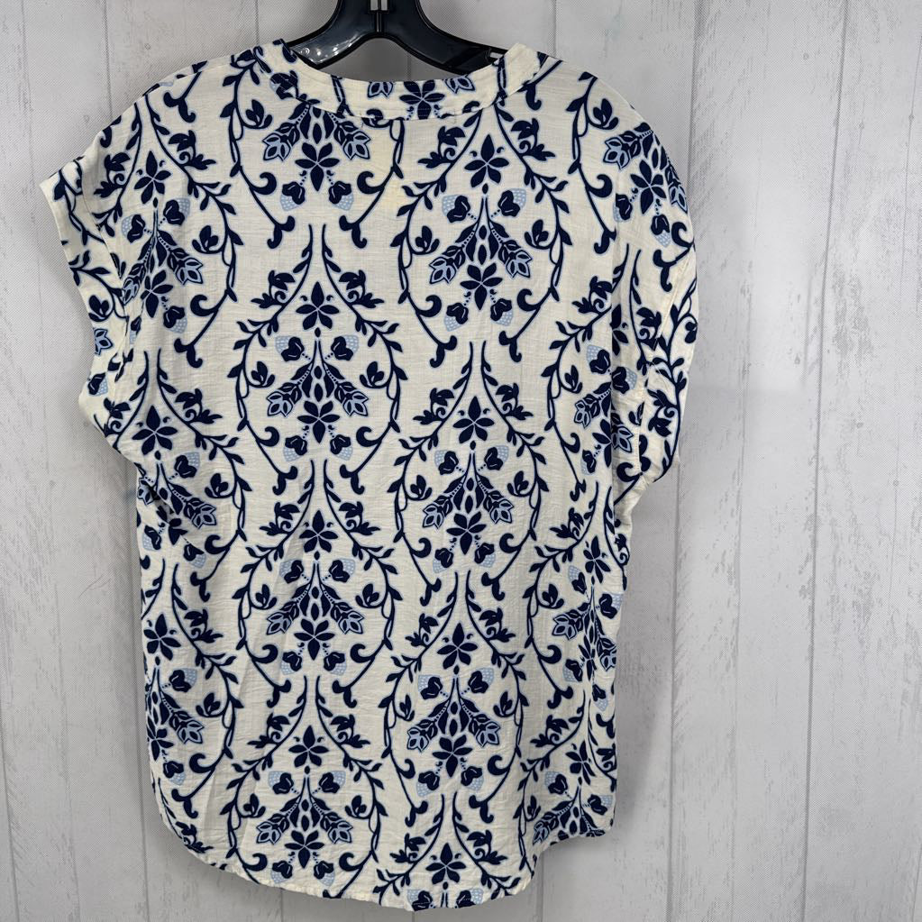 M flo print split neck cap slv top