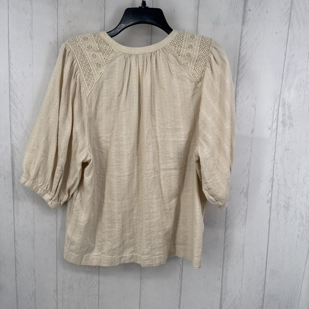 M embroidered button down elbow slv top