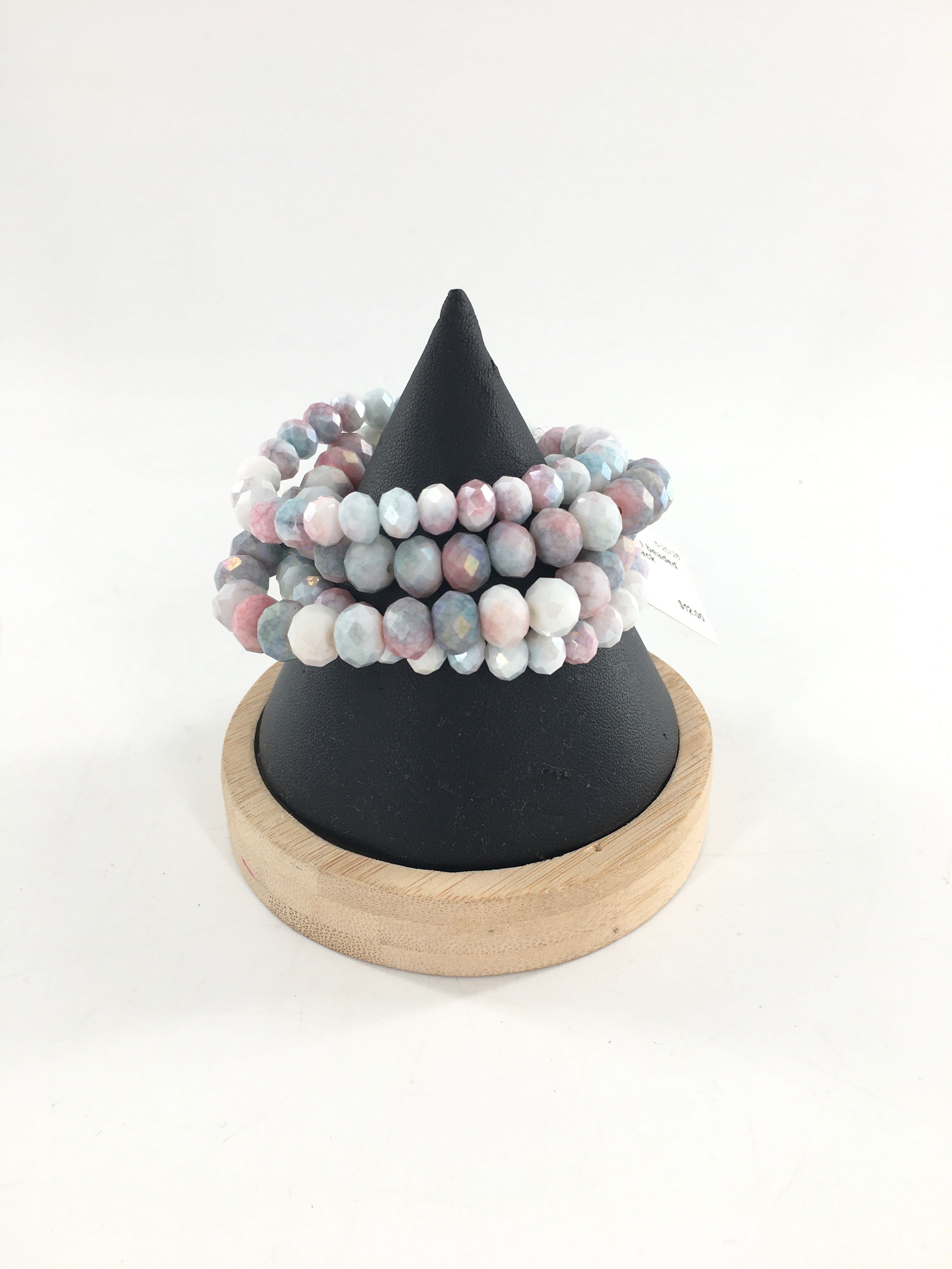 pink & green beaded bracelet stack