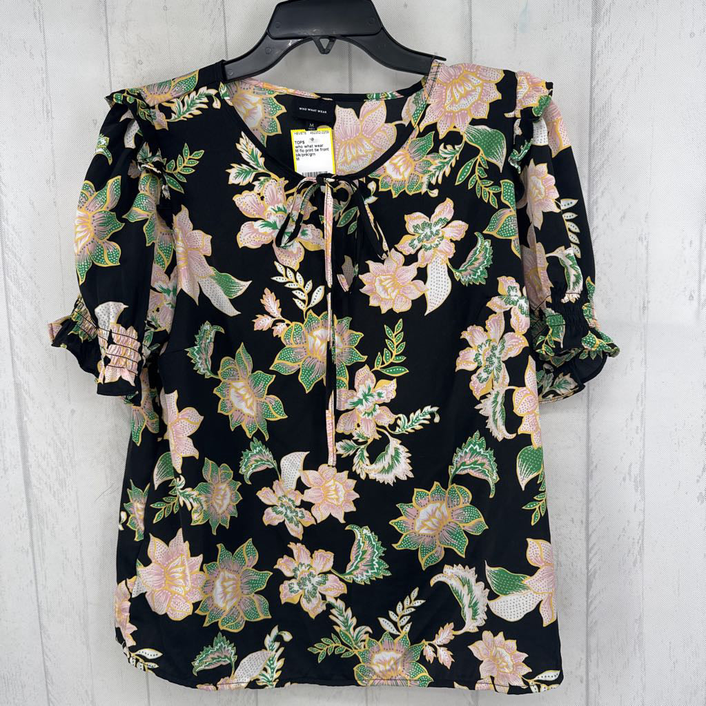 M flo print tie front s/s top