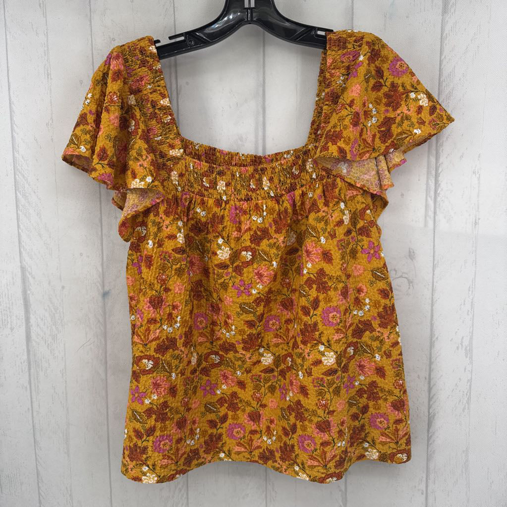 S flo print smocked flutter slv top