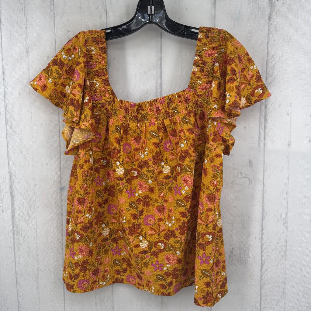 S flo print smocked flutter slv top