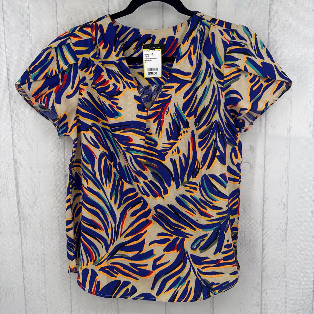 S printed v-neck flutter slv top