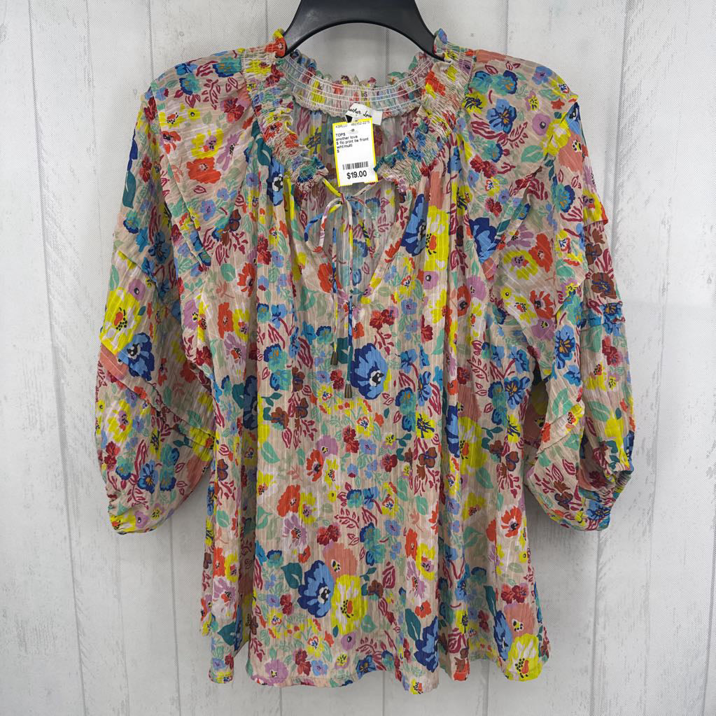 S flo print tie front 3/4 slv top