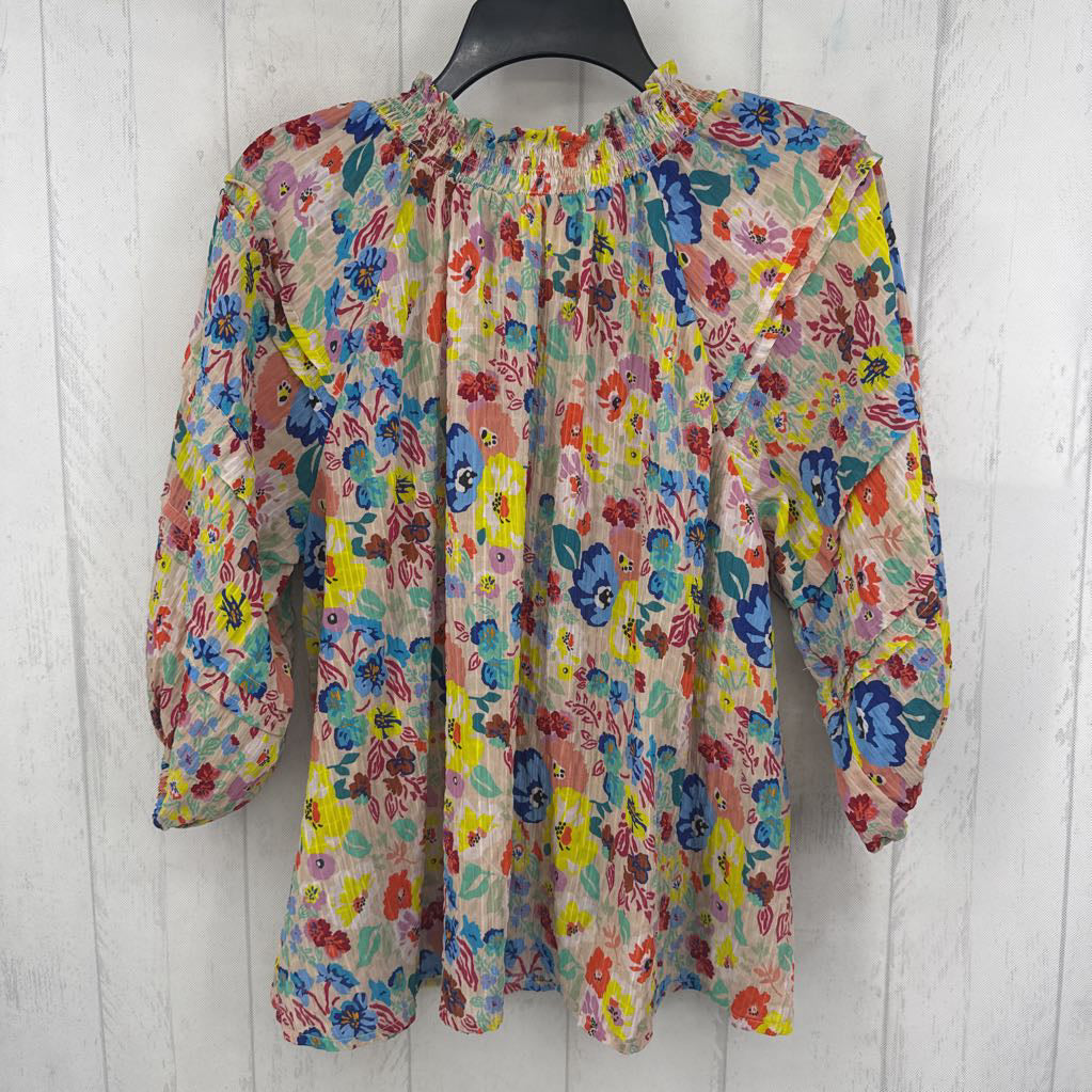 S flo print tie front 3/4 slv top