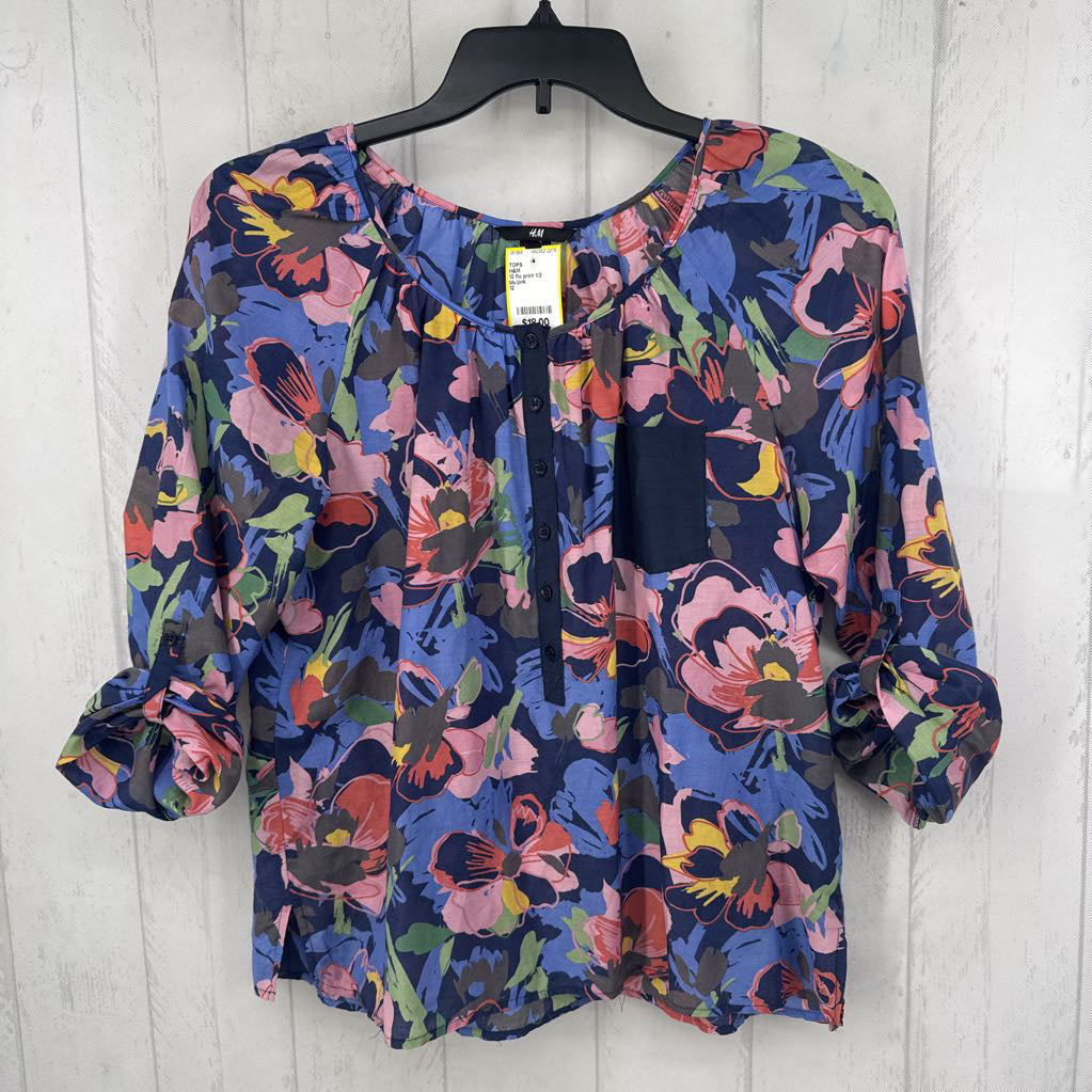 12 flo print 1/2 button down tab slv top