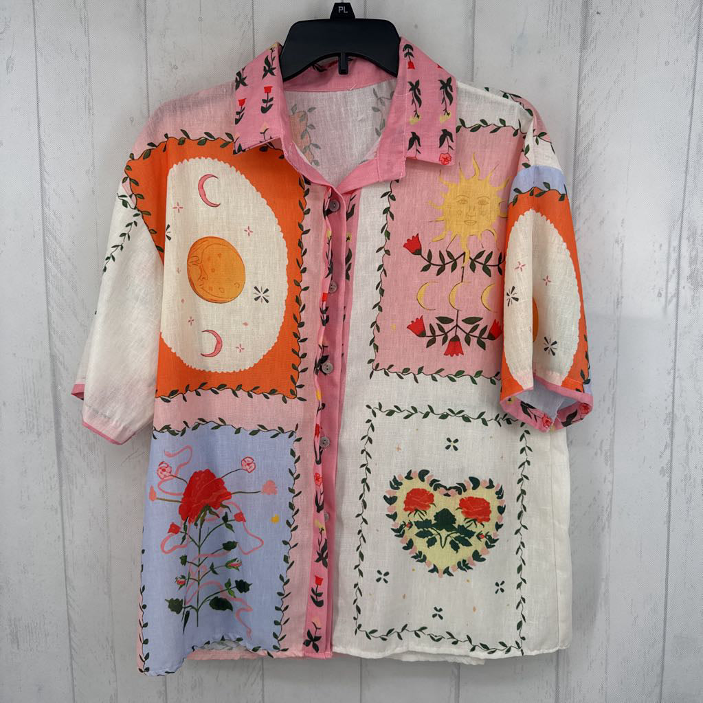 M celestial print button down s/s top