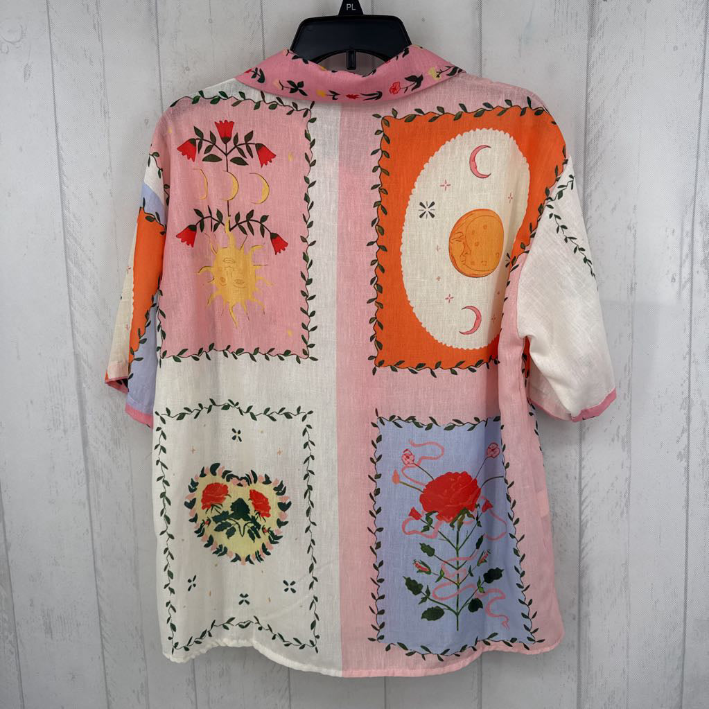 M celestial print button down s/s top