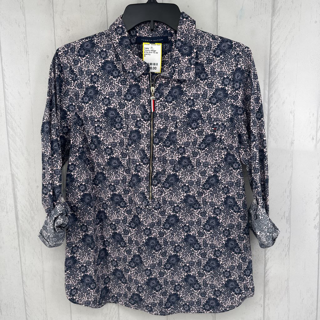 M flo print 1/2 zip tab slv top