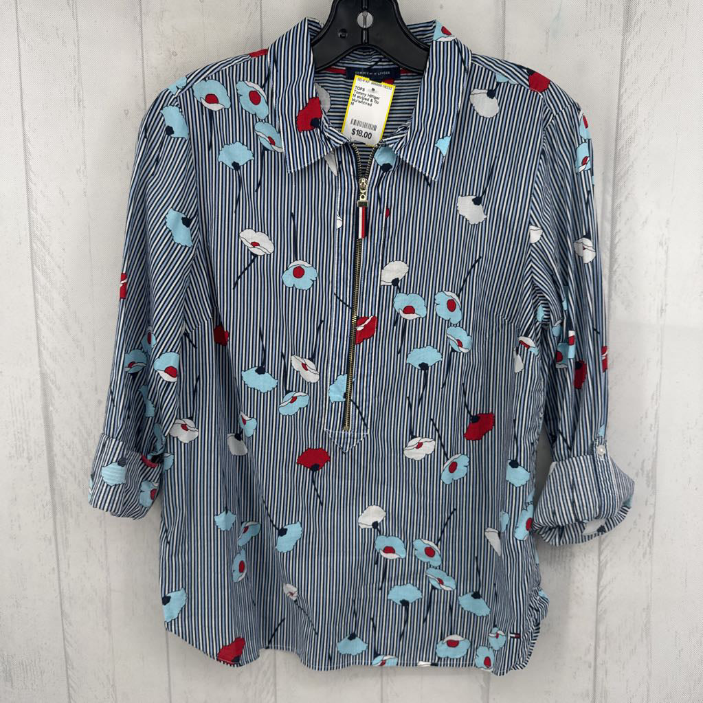M striped & flo print 1/2 zip tab slv top