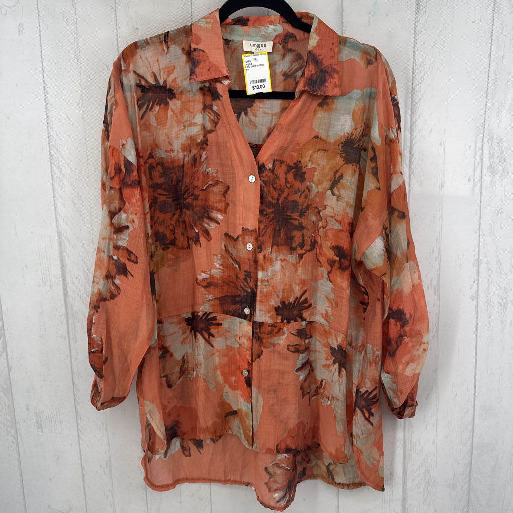 L flo print button down tab slv hi-lo top