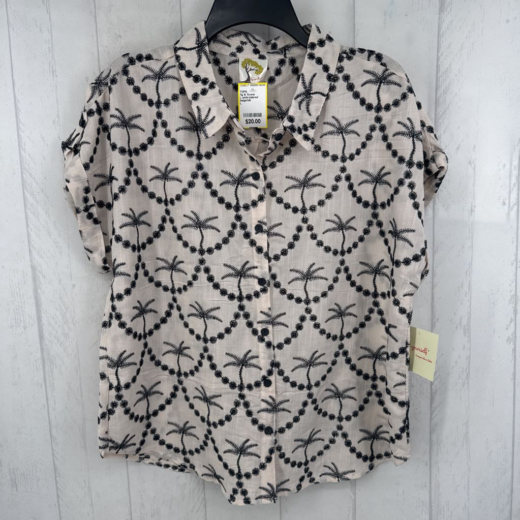 L embroidered button down s/s top