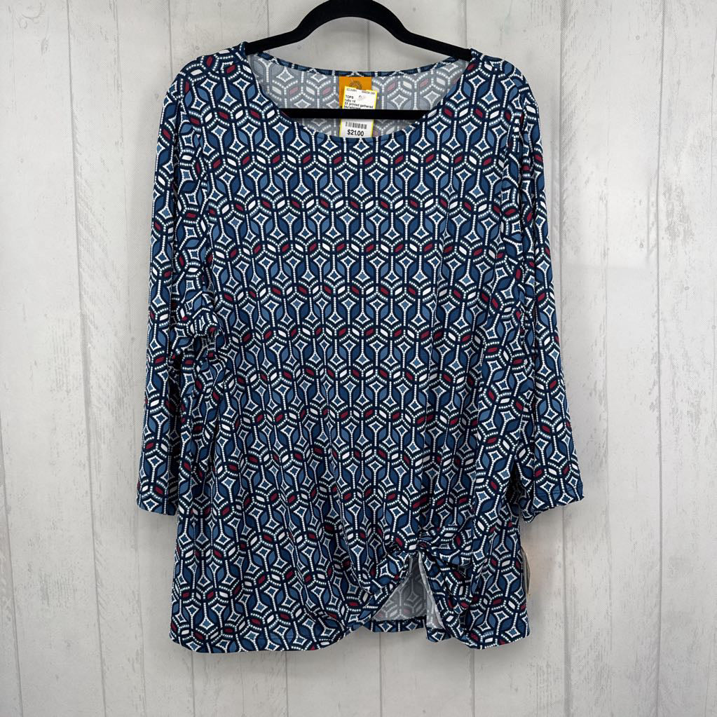 2X printed gathered hem 3/4 slv top