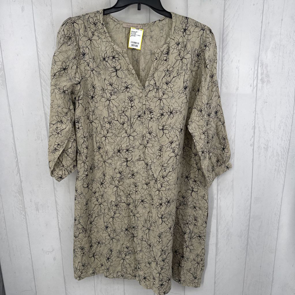 100% Linen flo print v-neck 3/4 slv dress