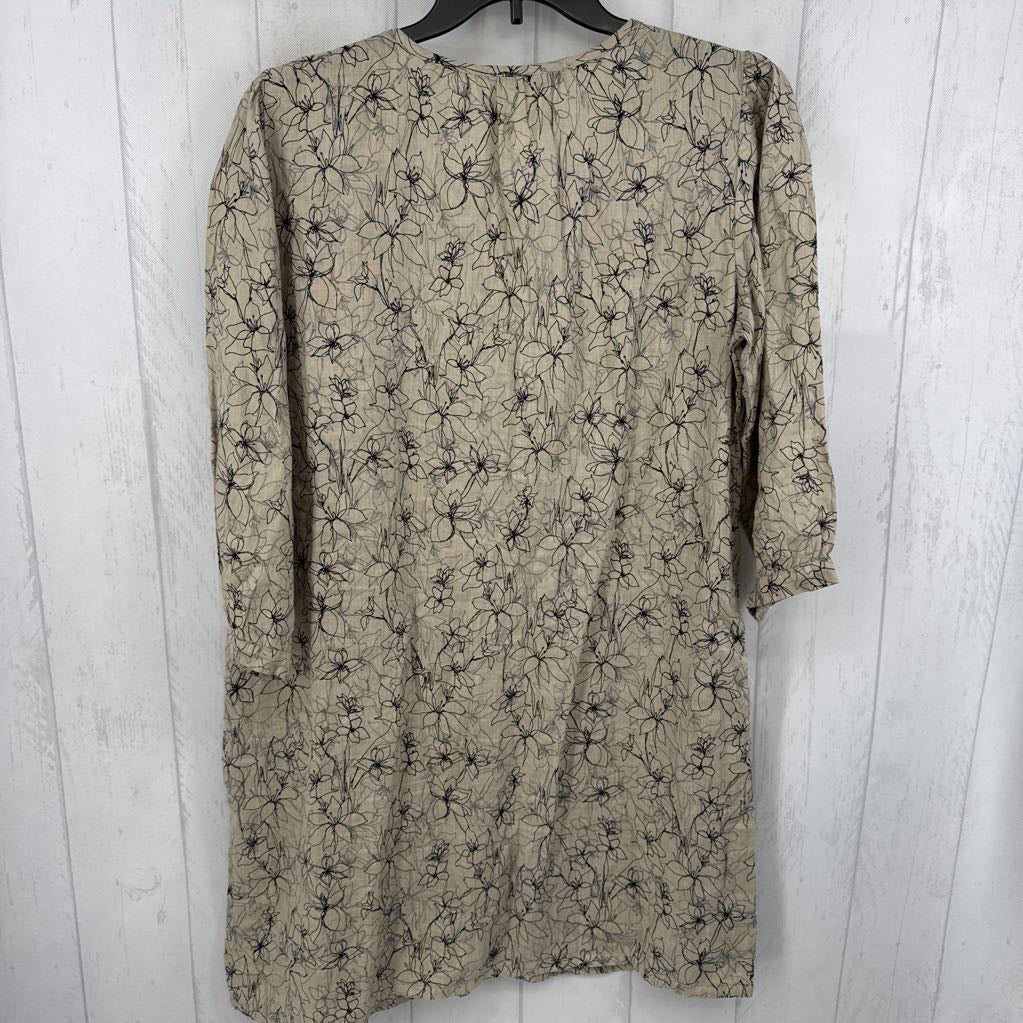 100% Linen flo print v-neck 3/4 slv dress