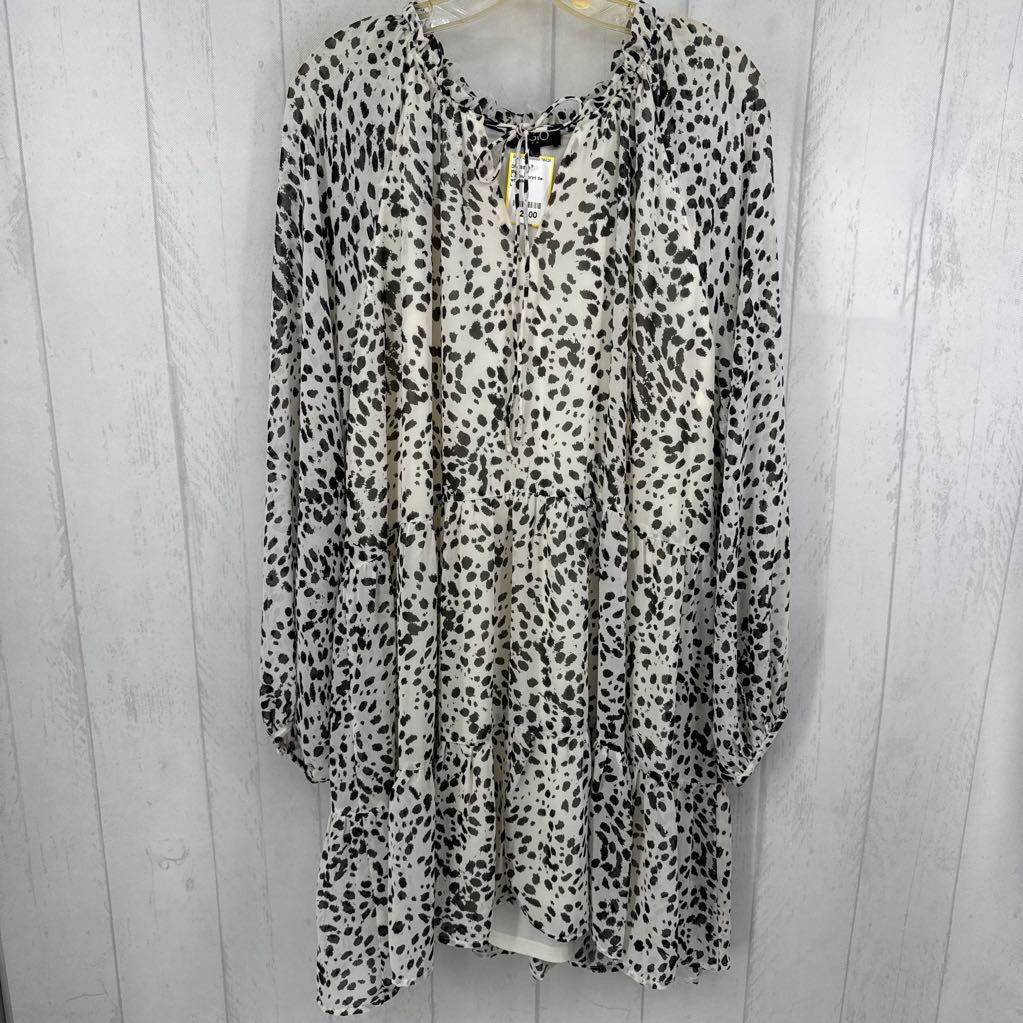 L animal print tie-front l/s tiered dress